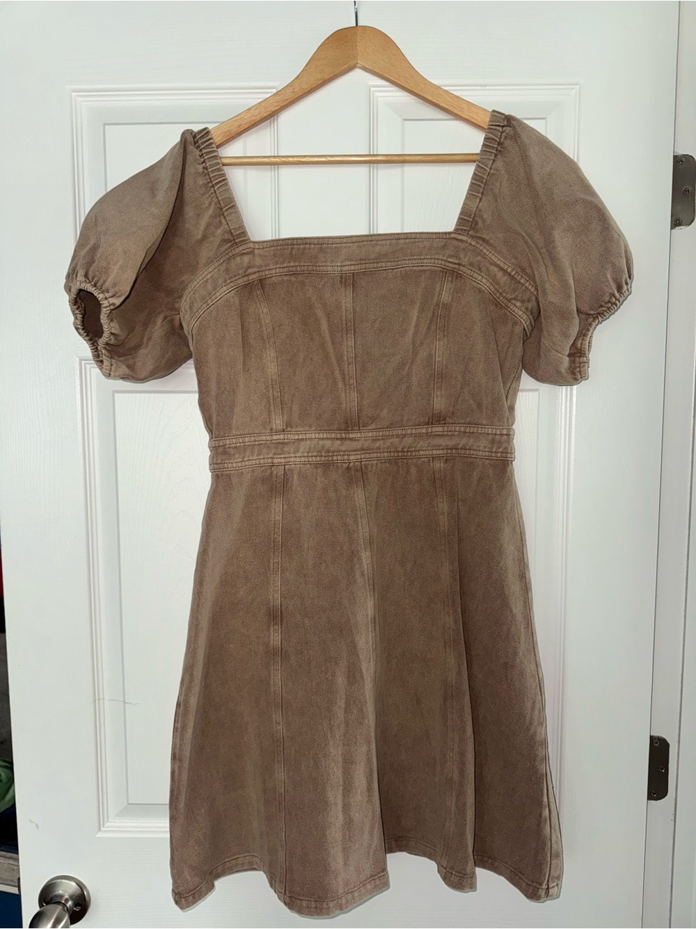 Brown Denim Puff-Sleeve Square-Neck Women's Dress